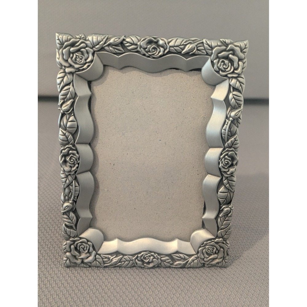 VTG Malden Pewter Finish Rose Floral Metal Picture Frame Tabletop Decor 6 x 4.5"